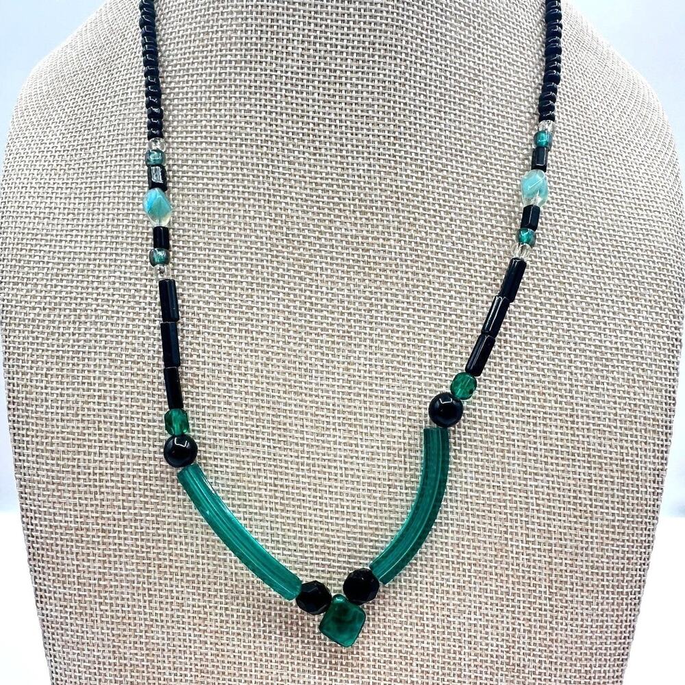 Vintage 80s Glass Bead Necklace Deco Style Geometric Statement Fashion Jewelry